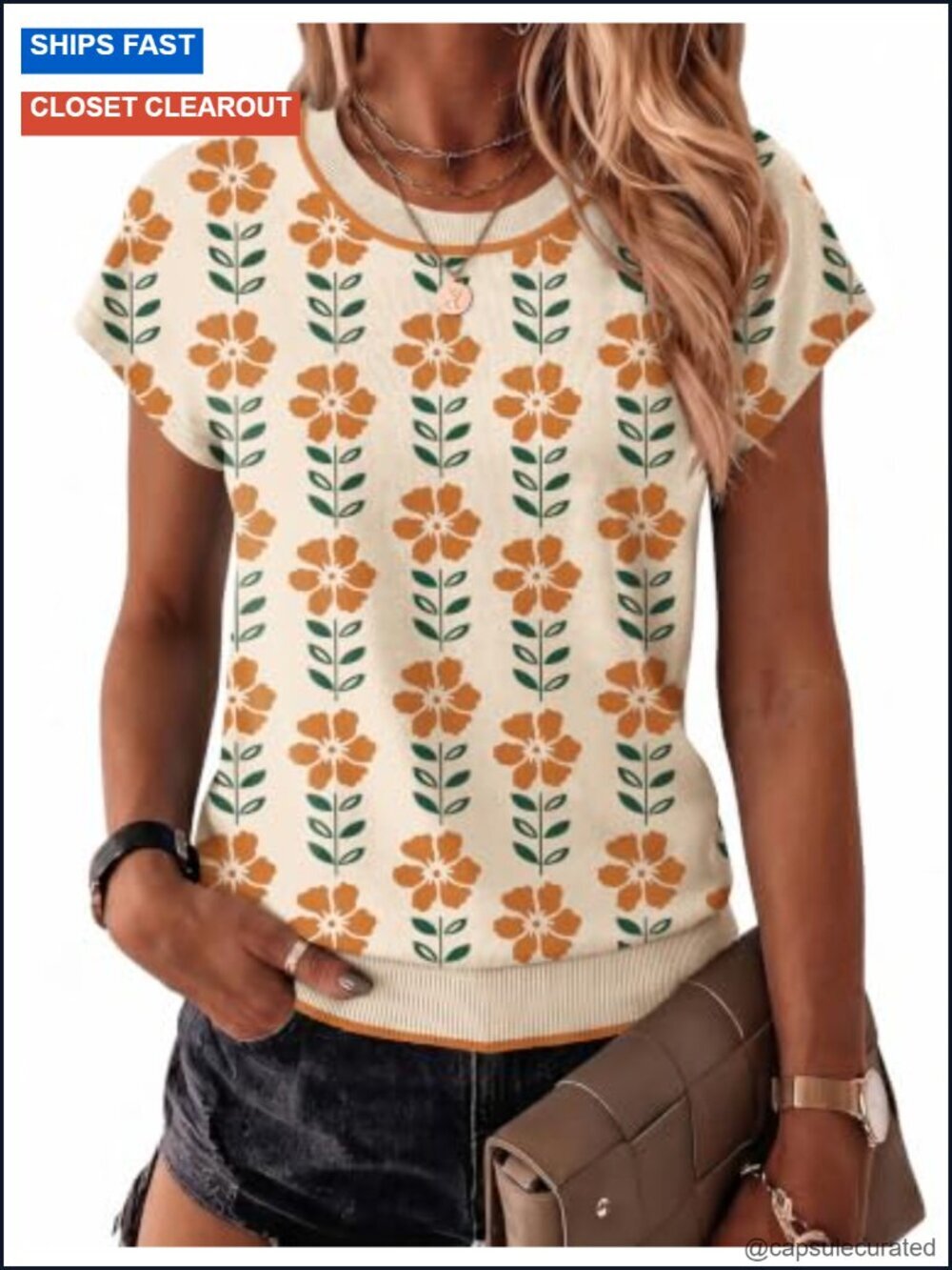 Womens Cap Sleeve Crew Neck Pullover Sweater Lightweight Ribbed Knit Tops
